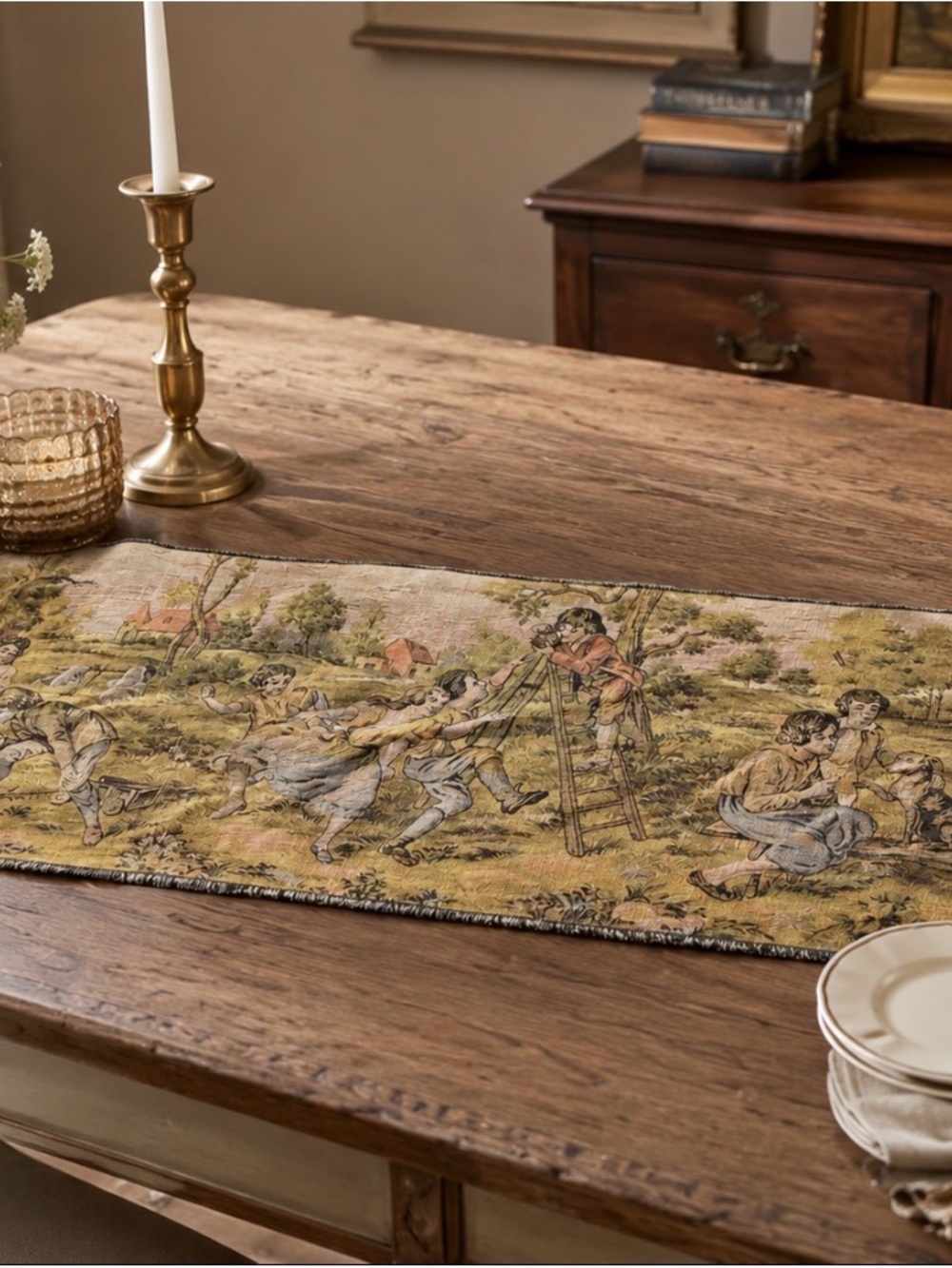 Vintage Scene Tapestry Table Runner in Muted Greens & Creams